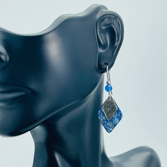 Layered Blue Diamond Drop Earrings - Picture 2 of 7